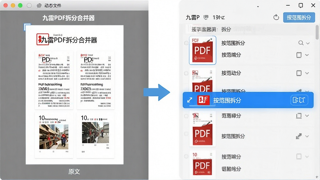 一张动态演示图,展示九雷PDF拆分合并器正在将一个包含10页的PDF文档拆分为两个独立的PDF文件,左侧为原文件缩略图,右侧为拆分后的文件列表,界面高亮显示“按范围拆分”选项,整体风格简洁直观,画质清晰,无多余元素。