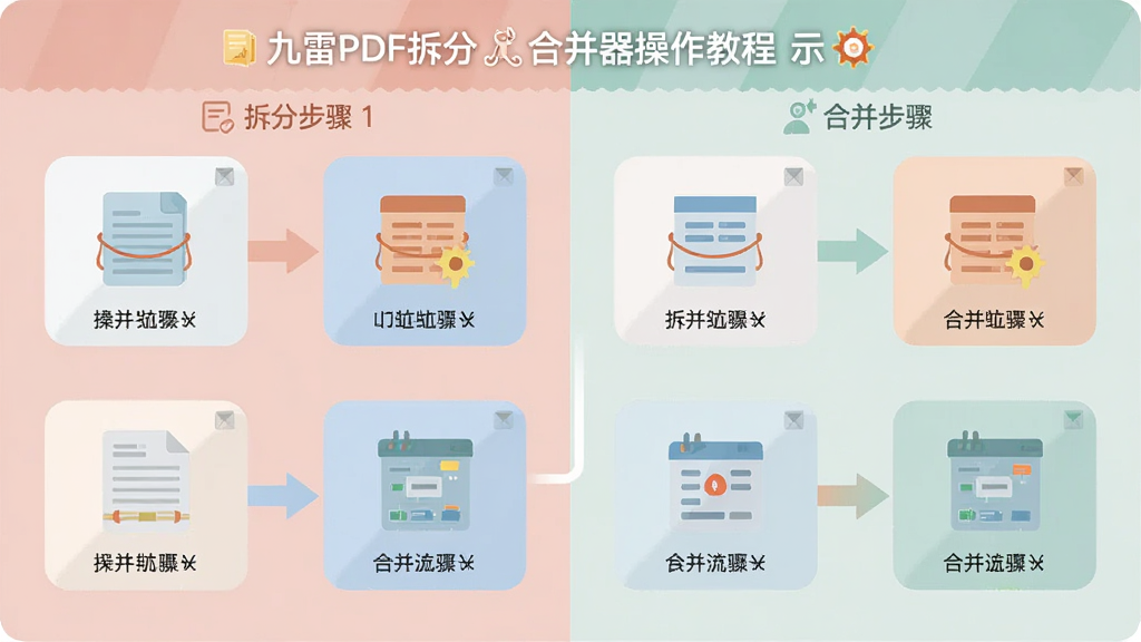 一张九雷PDF拆分合并器的操作教程示意图,图片分为左右两部分,左侧展示拆分步骤,右侧展示合并步骤,每个步骤均有箭头标注,整体风格为扁平化设计,配色柔和,画质清晰,无多余元素。