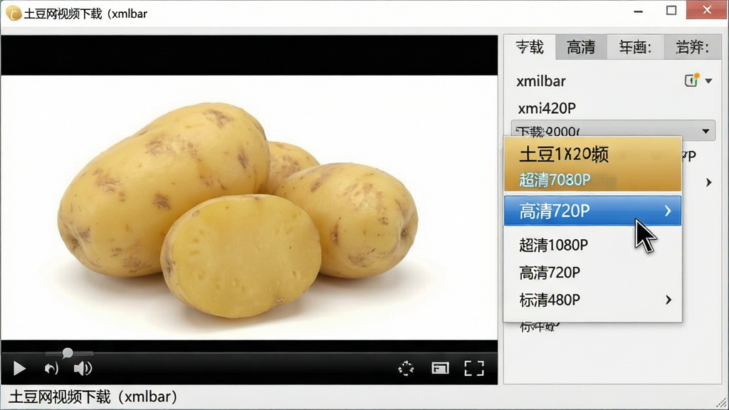 主体:土豆网视频下载(xmlbar)软件界面,显示一个视频的下载选项,画质选择菜单展开,包含“超清1080P”、“高清720P”、“标清480P”等选项。布局:视频预览窗口在左侧,右侧是下载设置区域。排版:清晰明了,画质选项用不同颜色高亮。风格:专业、细致。细节:鼠标指针指向“高清720P”选项,界面下方有“土豆网视频下载(xmlbar)”字样。画质:高清,细节丰富,无多余元素。