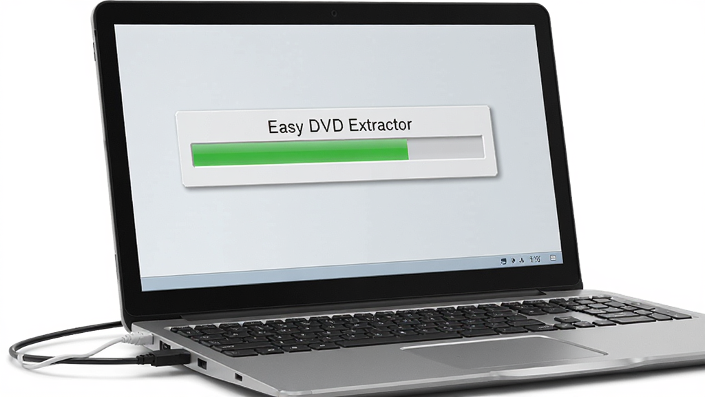 一台笔记本电脑连接外置DVD光驱,屏幕显示Easy DVD Extractor转换进度条,画面干净,写实风格,细节清晰,画质高清,无多余元素