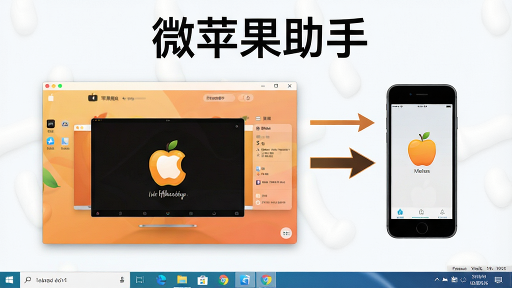 微苹果助手使用教程截图,电脑桌面显示软件主界面,旁边有手机连接示意图,步骤箭头标注,风格为教学型,背景干净,带有“微苹果助手”字样,画质清晰,无多余元素