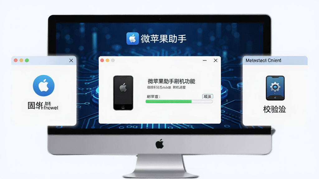 微苹果助手刷机功能界面,电脑屏幕显示设备连接状态和刷机进度条,周围有固件下载和校验的辅助面板,背景为深蓝色科技感风格,带有“微苹果助手”标识,画质清晰,界面干净无多余元素