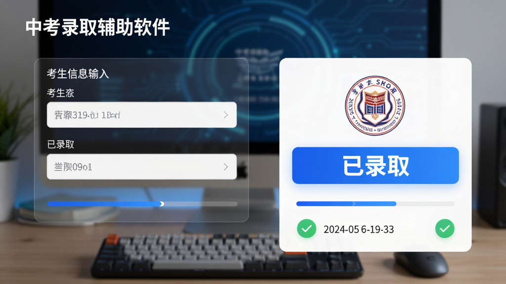 图片主体为“中考录取辅助软件”的查询结果页面,背景为模糊的电脑屏幕和键盘;布局左右对称,左侧是考生信息输入框,右侧是录取状态卡片;排版简洁,用蓝色高亮显示“已录取”字样,并配有学校logo;风格为科技感UI,细节包含进度条、对勾图标和日期时间;画质干净锐利,无多余元素