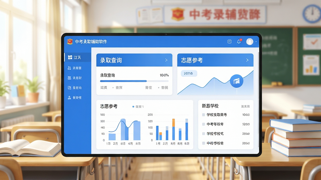 画面主体为“中考录取辅助软件”的界面展示,背景是明亮的教室与书本元素;布局采用居中构图,前景突出软件主界面,屏幕中显示“录取查询”与“志愿参考”模块;排版干净清爽,主色调为蓝色与白色,文字标识清晰;风格为现代扁平化UI设计,细节包含进度条、数据图表和学校列表;画质高清,整体氛围积极向上,无多余杂物