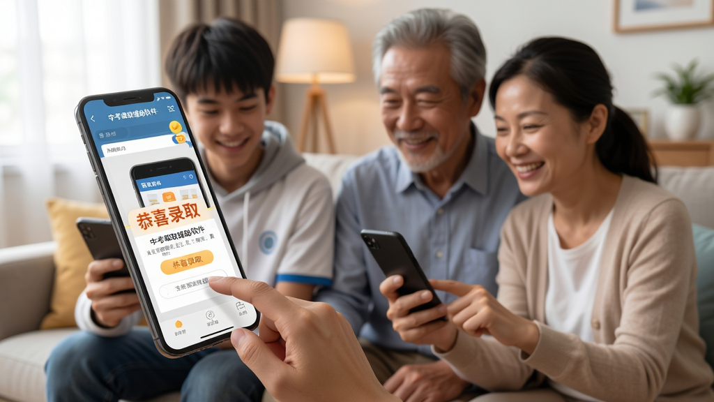 图片主体为“中考录取辅助软件”的移动端使用场景,背景是学生与家长在客厅使用手机;布局采用侧面角度,手机屏幕显示录取成功界面;排版自然,手机屏幕中显示“恭喜录取”字样;风格为生活化摄影风格,细节包括手指点击屏幕、家人笑容;画质清晰,无多余元素