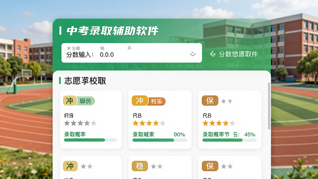 图片主体为“中考录取辅助软件”的志愿模拟填报界面,背景为校园操场与教学楼;布局采用上下结构,上方是分数输入栏,下方是推荐学校卡片列表;排版整齐,卡片上标注“冲”“稳”“保”标签;风格为教育类APP风格,主色调清新绿与白色,细节包含评分星级和录取概率条;画质高清,无多余元素
