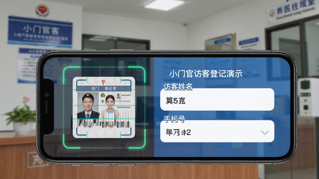 小门官访客登记功能演示,手机界面显示身份证识别框,旁边有访客姓名和手机号输入栏,背景为小区门卫室,画面清晰,操作流畅,界面友好,画质干净