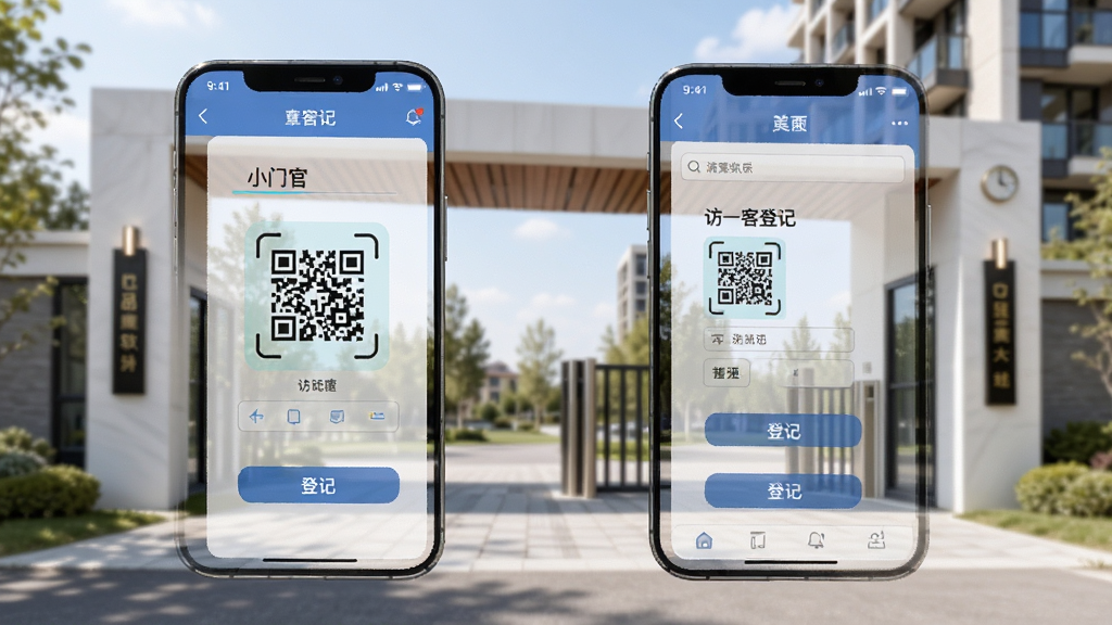 小门官软件主界面展示,手机屏幕显示访客登记页面,背景为现代社区大门,界面清晰,包含二维码扫描框和登记按钮,整体风格简洁明亮,UI设计规范,高分辨率,干净无多余元素