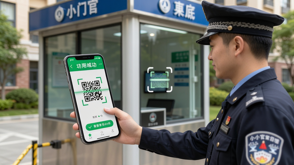 小门官手机端使用场景,用户正在扫描访客二维码,背景为小区保安亭,画面自然,操作手势清晰,界面显示扫描成功,画质明亮干净