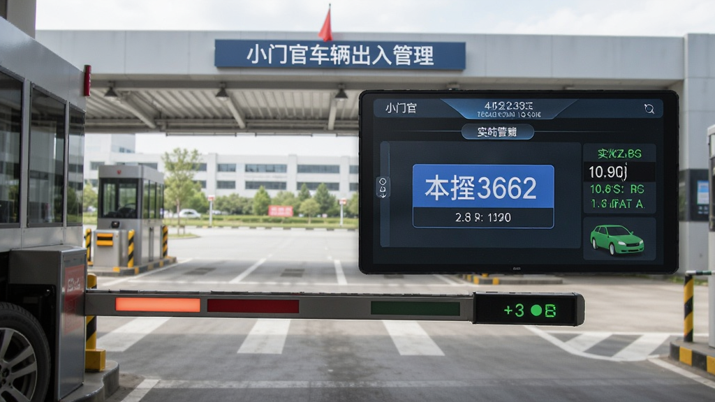 小门官车辆出入管理界面,道闸杆抬起,屏幕显示车牌号码和入场时间,背景为停车场入口,画面清晰,识别准确,界面数据实时更新,画质干净