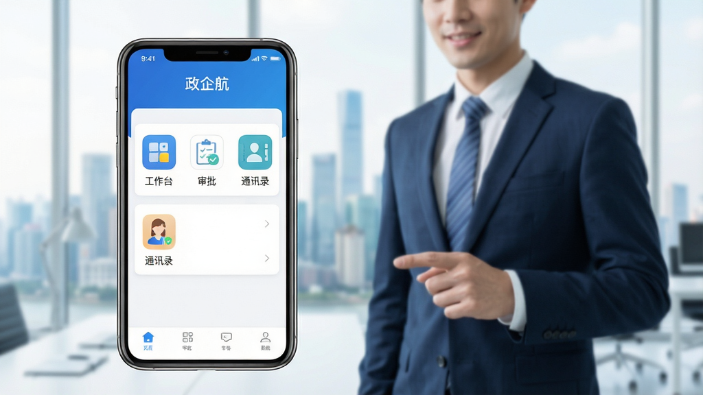 一幅展示现代商务人士在明亮办公室内使用手机应用“政企航”的界面,手机屏幕放大显示应用主界面,包含清晰的“工作台”、“审批”、“通讯录”等模块图标,背景为虚化的城市天际线,整体风格简洁、专业、明亮,采用蓝色与白色为主色调,画质高清,干净无多余元素