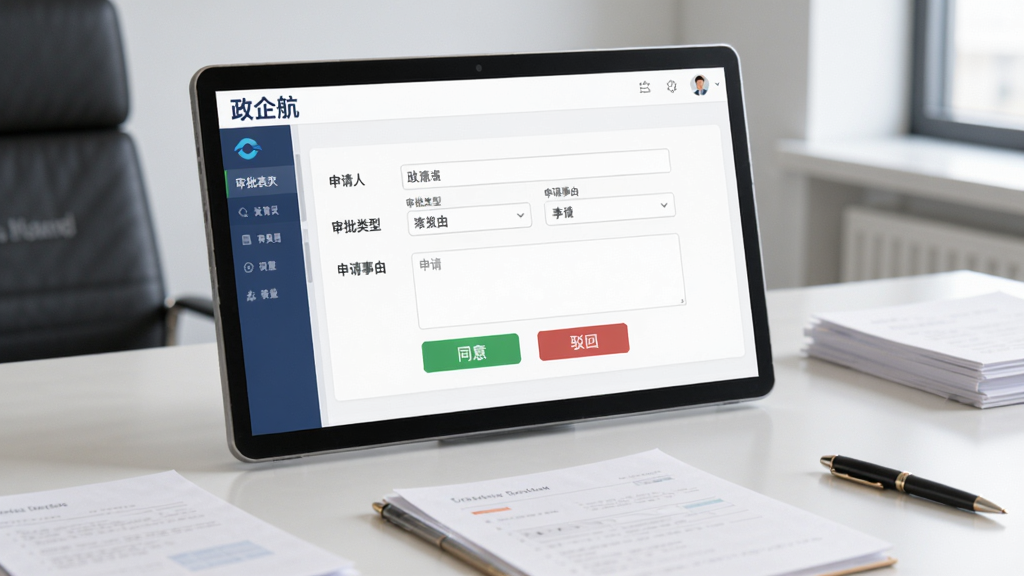 展示“政企航”应用的审批流程界面,屏幕上显示一个审批表单,包含“申请人”、“审批类型”、“申请事由”等字段,下方有“同意”和“驳回”按钮,背景为简洁的办公桌面,有纸张和笔,整体风格写实、专业,画质清晰,无多余元素