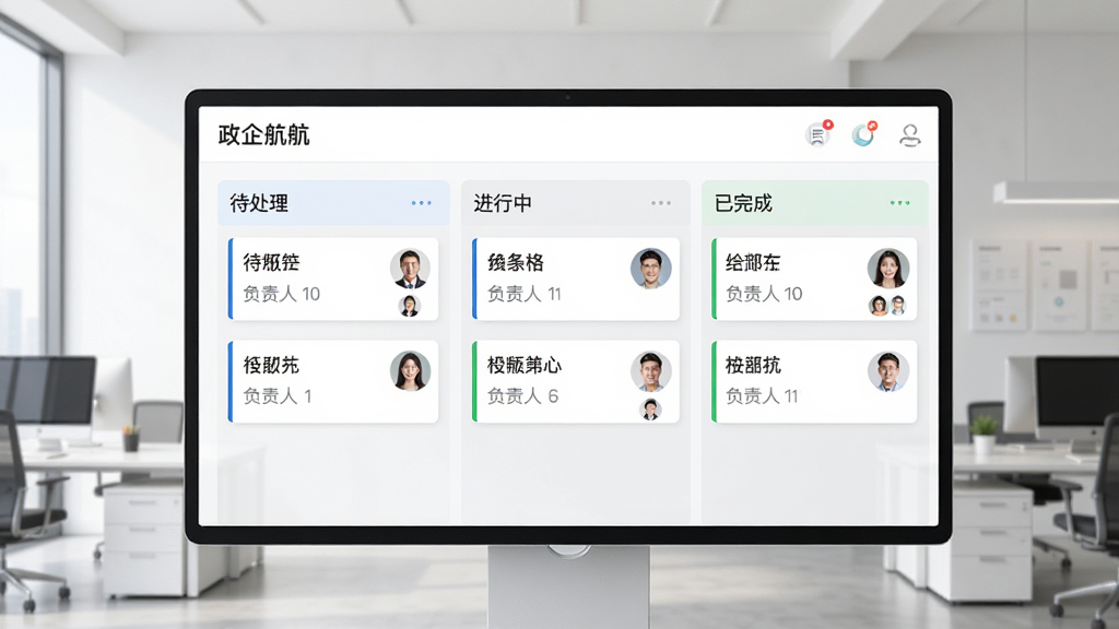 展示“政企航”应用的任务管理看板界面,屏幕上以看板形式展示多个任务列,如“待处理”、“进行中”、“已完成”,每列下有任务卡片,卡片上显示任务名称和负责人头像,背景为简约的办公环境,整体风格清晰、有条理,画质高清,干净无多余元素