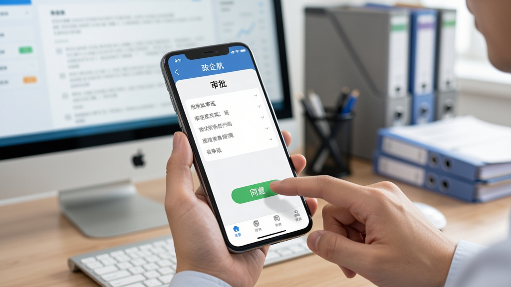 展示一个用户正在智能手机上操作“政企航”应用,手机屏幕显示“审批”界面,用户手指点击“同意”按钮,背景为办公桌面,有电脑和文件,整体风格写实、清晰,强调移动办公的便捷性,画质高清,干净无多余元素