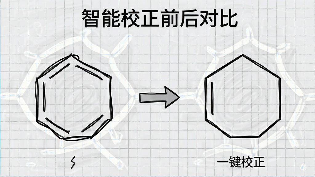 展示软件自动校正功能的过程对比图,左侧为手绘的歪斜苯环,右侧为软件一键校正后的标准六边形结构,中间用箭头连接,背景为淡灰色网格画布,图像上方标注“智能校正前后对比”字样,细节精致,画质清晰,无多余元素。