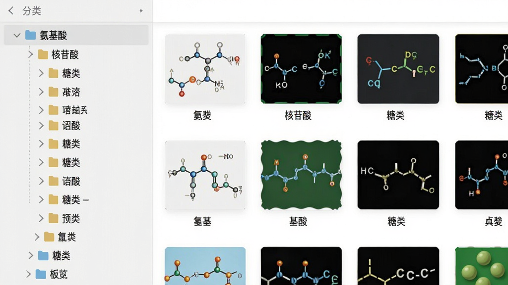 软件模板库界面预览图,左侧分类树展开“氨基酸”“核苷酸”“糖类”等文件夹,右侧以网格形式展示缩略图,每个模板下方标注名称,整体采用浅色背景,界面排列整齐,视觉清爽,画质细腻,无多余元素。