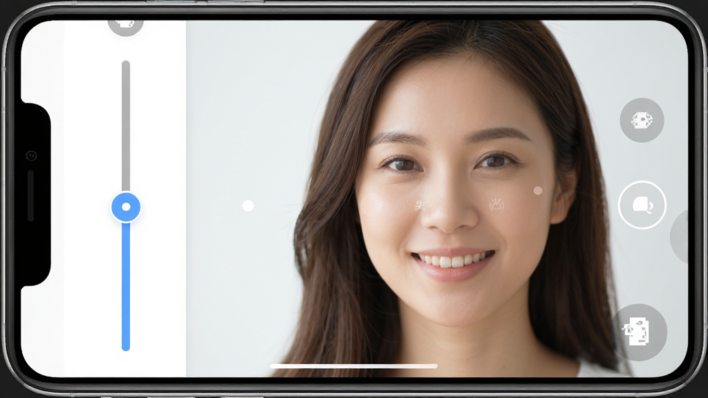 简单拍一键美颜功能操作界面截图,屏幕上显示一位女性人像,左侧有美颜调节滑杆,效果自然,界面布局简洁,风格清新,细节精致,画质清晰,无多余元素