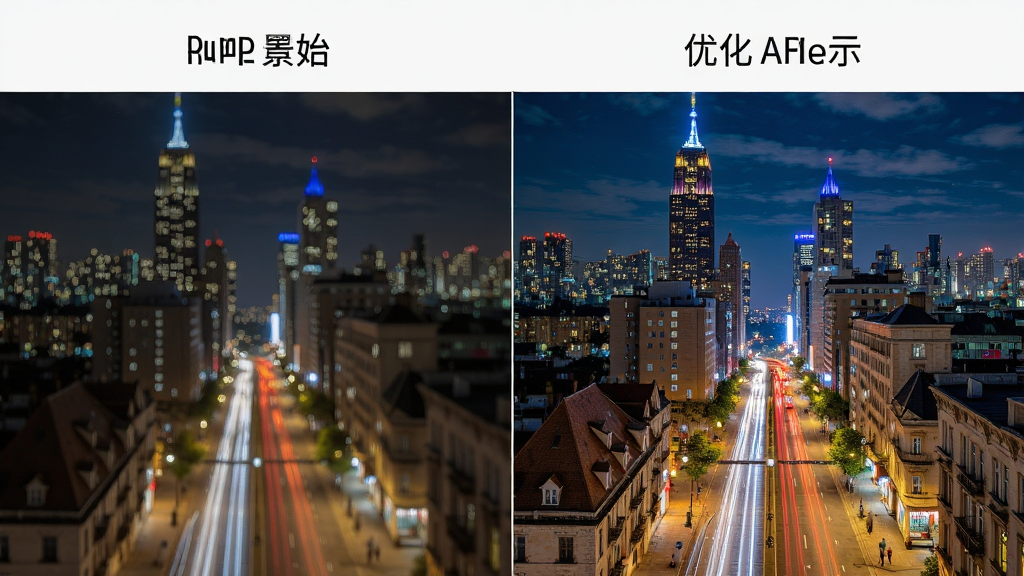 简单拍AI场景优化功能演示图,画面左侧为原始照片,右侧为优化后的效果,色彩更加鲜艳,细节更清晰,主体是城市夜景,布局为左右对比形式,排版简洁,风格写实,细节丰富,画质高清,干净无多余元素