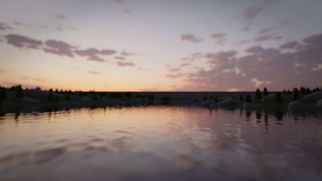 主体:CT场景大师实时渲染效果,展示一个带有湖泊和夕阳的户外场景,光线柔和,布局以水平线分割,排版体现景深感,风格电影级画面,细节包括水面反射和云层渐变,画质超清,画面纯净无多余元素