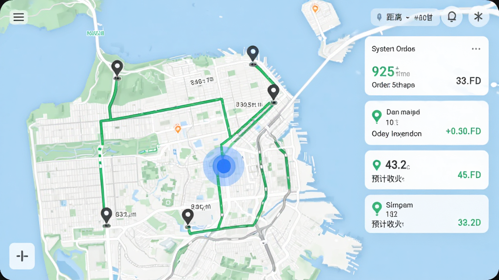 配送骑手端智能派单界面,地图上显示多个订单起点和终点,骑手当前位置用蓝色圆点标注,系统推荐路线用绿色线条连接,订单卡片显示距离和预计收入,界面简洁直观,画质清晰,无多余元素