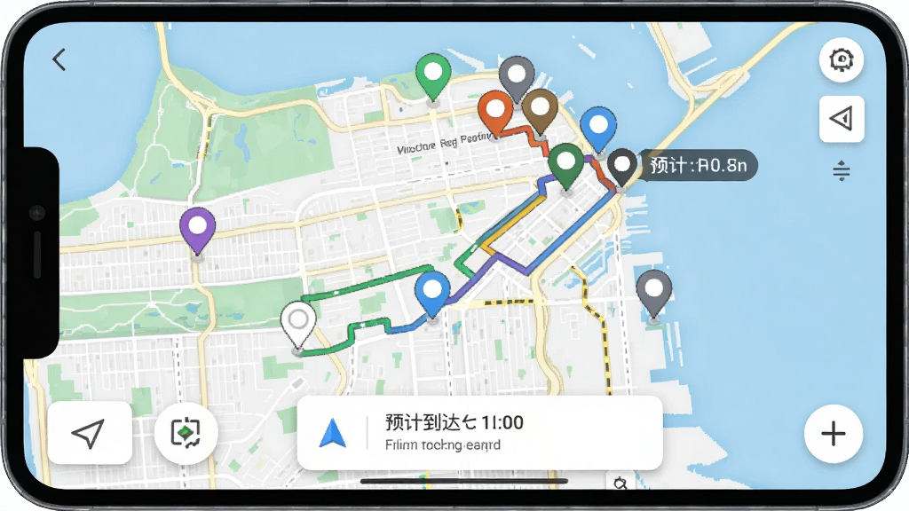 配送骑手端路径规划导航页面,地图上显示多个标记点,路线用不同颜色区分,预计到达时间清晰标注,底部有导航提示卡片,整体风格简洁实用,画质高清,无多余元素