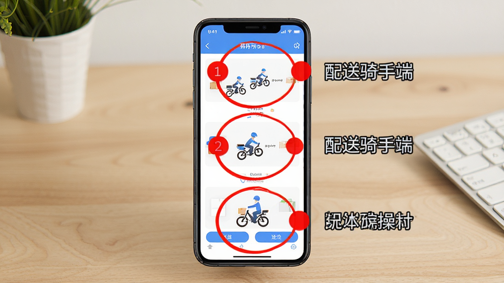 配送骑手端使用教程示意图,手机屏幕显示软件操作步骤,每一步用红色圆圈标注,旁边有文字说明,背景为简洁桌面,画质清晰,无多余元素