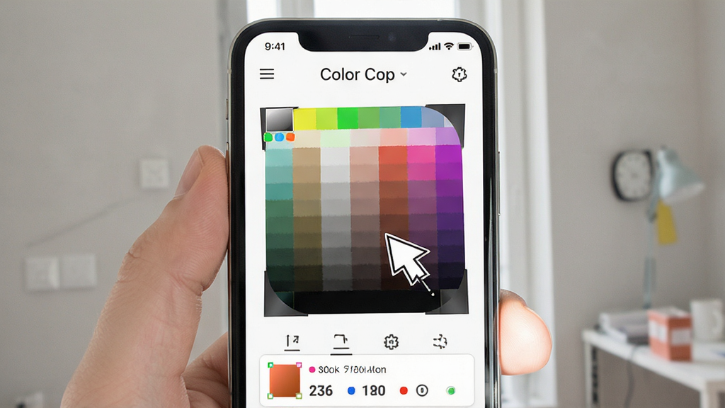 一张展示Color Cop在移动端使用的示意图,主体为手机屏幕显示Color Cop取色界面,布局为手机全屏显示,排版简洁,风格现代,细节包括取色光标与颜色数值,画质清晰干净,无多余元素。