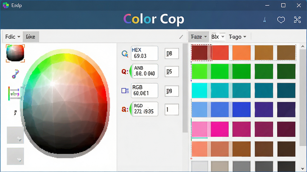 一幅展示Color Cop软件界面的高清截图,主体为软件主窗口,显示取色结果与色板,布局简洁,排版清晰,风格为现代扁平化设计,细节包含HEX、RGB数值展示,画质清晰干净,无多余元素,图片中文字标注