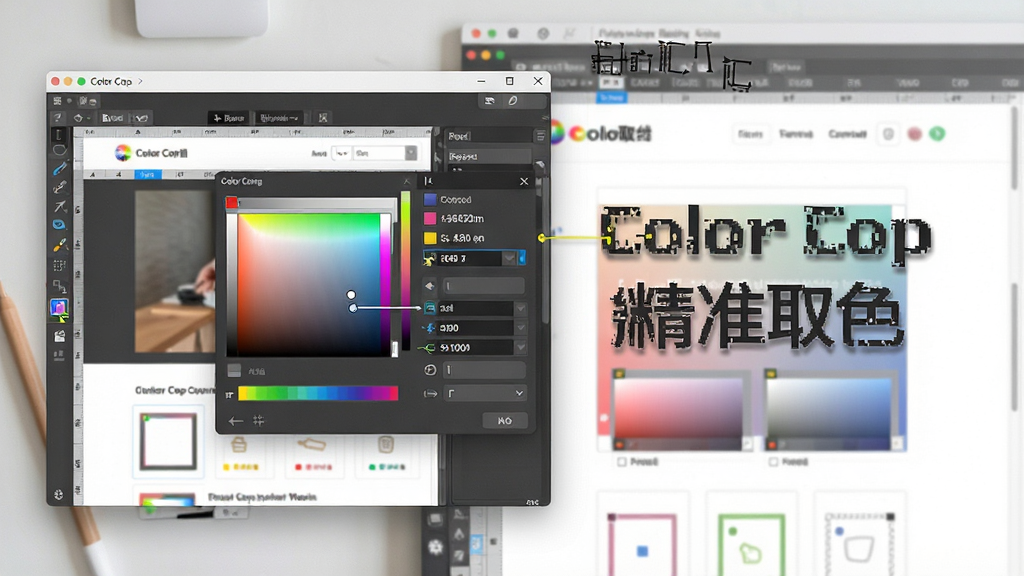 一张展示Color Cop在网页设计稿上精准取色的场景图,主体为软件取色框对准屏幕上的某个颜色区域,布局为软件窗口与设计稿并列,排版直观,风格写实,细节突出取色点与颜色数值,画质清晰干净,无多余元素,图片中文字标注