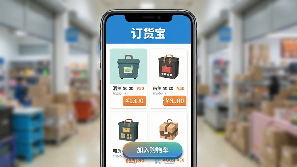 主体:订货宝商城界面在手机屏幕上展示,界面包含商品列表、价格标签、加入购物车按钮。布局:手机居中,背景虚化处理,突出屏幕内容。排版:界面布局简洁,商品图片清晰,“订货宝”字样出现在屏幕顶部。风格:扁平化设计,色彩明快。细节:商品图片高清,价格数字醒目,按钮有立体感。画质:干净,无多余元素。