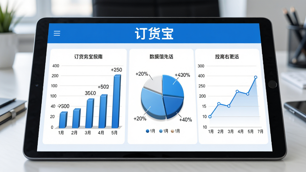 主体:平板电脑上展示订货宝的数据报表界面,包含柱状图、饼图、折线图。布局:平板居中,背景为办公桌。排版:图表清晰,标签数据明确。风格:商务科技感,蓝白配色。细节:图表立体,数据标注清晰。画质:干净,无多余元素。