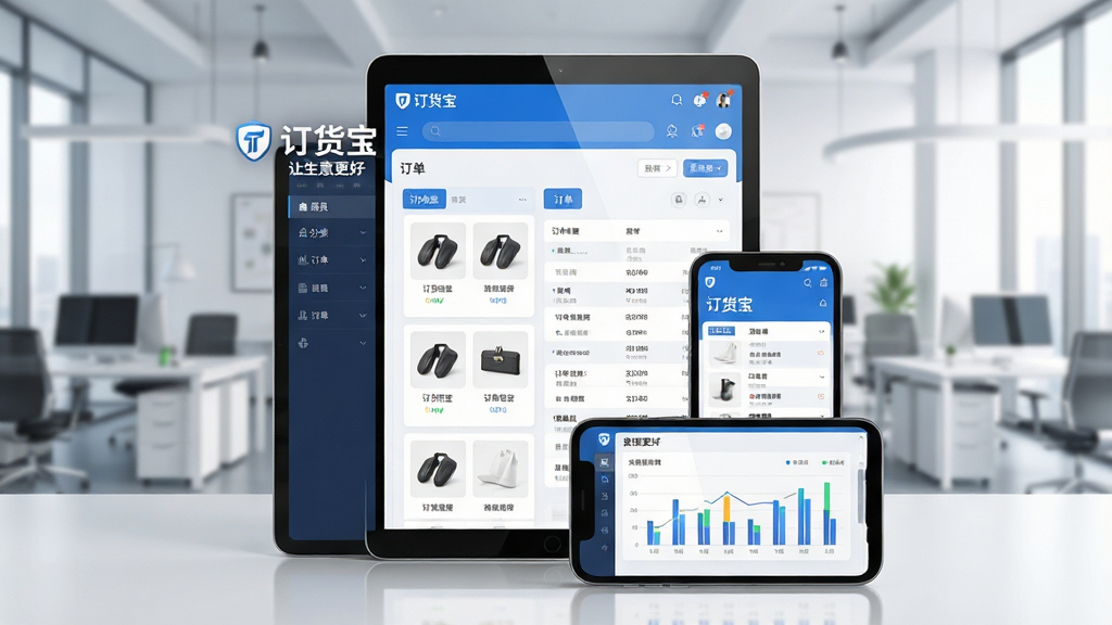主体:订货宝软件界面在平板和手机上同时展示,界面清晰显示商品分类、订单列表、数据图表,背景有现代办公室场景。布局:中心构图,平板立放,手机横放于前侧,形成前后呼应。排版:界面文字清晰可见,显示“订货宝”Logo及“让生意更好”标语。风格:现代商务科技感,明亮通透,色彩以蓝色和白色为主。细节:商品图片精致,数据图表清晰,屏幕反光自然。画质:4K高清,干净,无多余元素。