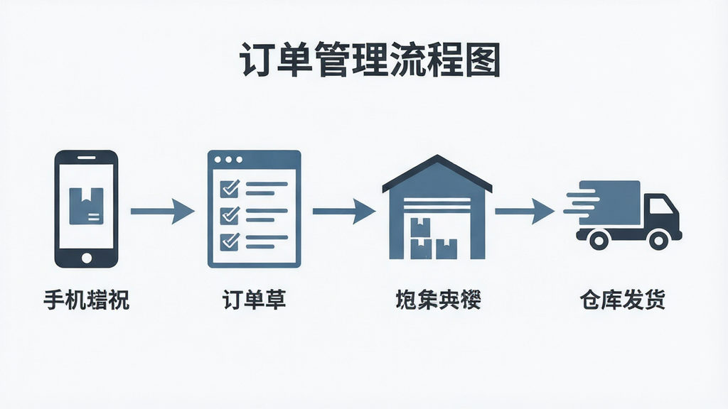主体:订单管理流程图,从手机下单到仓库发货的图示。布局:流程图横向排列,手机图标、订单列表、仓库图标、货车图标依次连接。排版:流程线清晰,每个节点有文字标注。风格:简约商务风,蓝灰色调。细节:每个节点有图标,流程线有箭头。画质:干净,无多余元素。