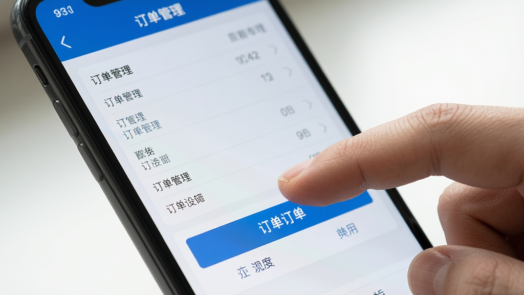 主体:手机操作订货宝的截图,手指点击屏幕。布局:手机特写,手指点击订单按钮。排版:屏幕显示“订单管理”界面。风格:真实拍摄,自然光。细节:手指清晰,屏幕内容可辨。画质:干净,无多余元素。
