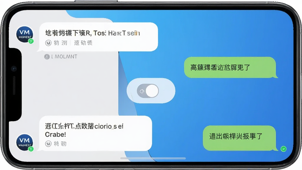 手机屏幕展示VMOMENT聊天界面,左边是英文消息,右边是中文翻译气泡,中间有语言切换按钮,背景为渐变蓝色,布局为上下结构,排版整洁,风格为写实UI截图风格,细节包括翻译标识和已读状态,画质清晰锐利,无多余元素