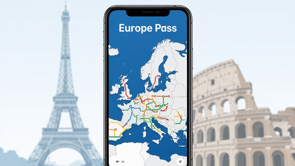 画面中央展示一部智能手机,屏幕中显示Europe Pass应用主界面,界面以蓝白配色为主,顶部有“Europe Pass”字样,下方是欧洲地图与多条彩色交通线路,背景为淡化的埃菲尔铁塔与罗马斗兽场轮廓,整体风格扁平化,现代感强,画质清晰,干净无多余元素