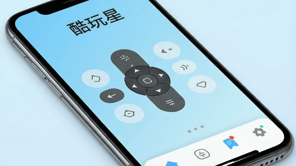 一张现代简约风格的智能手机屏幕特写,屏幕中显示酷玩星APP主界面,界面布局清晰,顶部有“酷玩星”字样,中间是多个圆形遥控按钮,底部为导航栏,背景为浅蓝色渐变,整体风格科技感十足,画质干净,无多余元素