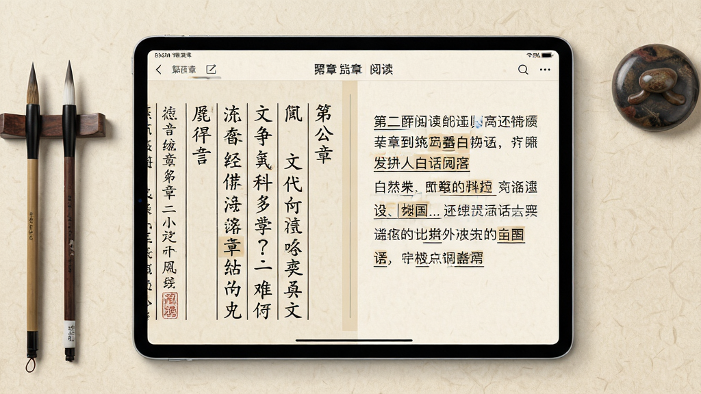 主体:平板电脑横屏显示二酉阅读界面,左侧为文言原文,右侧为白话译文,中间有浅色分隔线。布局:平板居中,界面左右分栏,上方有章节标题与进度条。排版:原文采用竖排繁体,译文采用横排简体,字间距舒适。风格:仿古籍排版与现代UI结合,色调淡雅,背景为米色宣纸纹理。细节:译文中的关键词语有下划线注释标记,平板周围有毛笔、镇纸等文具点缀。画质:高清细腻,干净无多余元素。