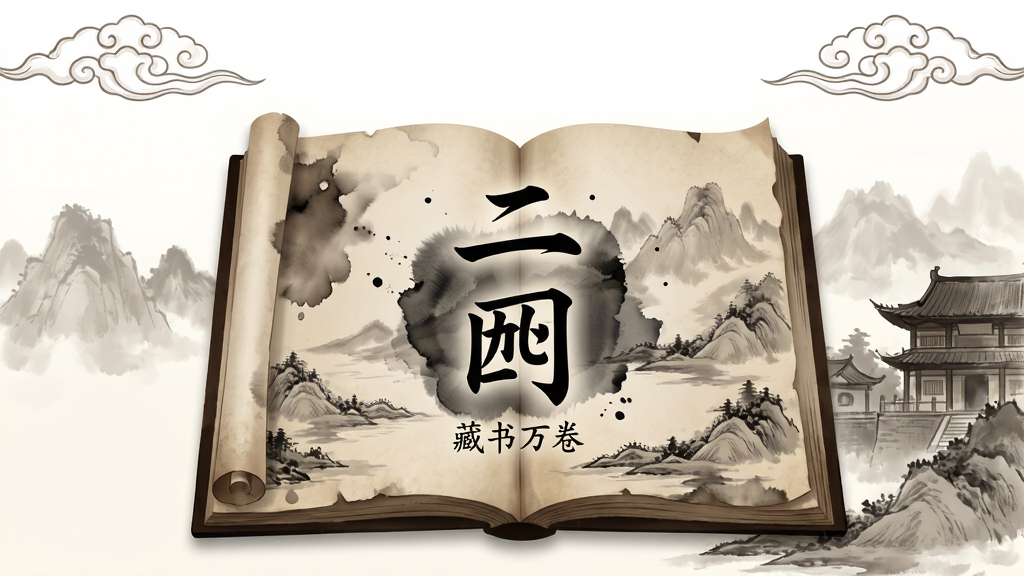 主体:一本翻开的古籍书页,书页上浮现“二酉”二字,周围环绕着淡淡的墨迹与山水画元素。布局:书页位于画面中央,左右对称,上方留白处有云纹装饰。排版:书名采用竖排繁体字,下方配有小字“藏书万卷”。风格:中国风水墨画,淡雅古朴,色调以米黄、深棕、墨黑为主。细节:书页边缘微微卷曲,墨迹有晕染效果,背景隐约可见远山与藏书楼阁。画质:高清渲染,干净无多余元素。