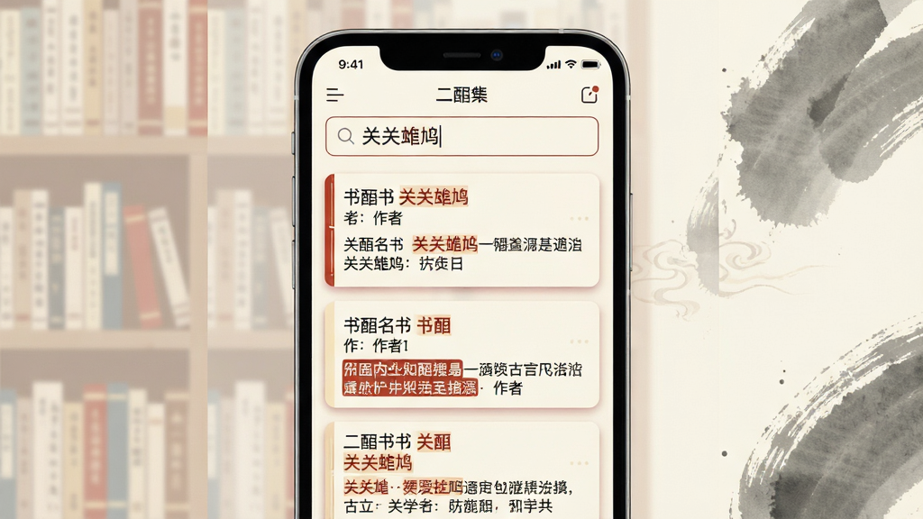 主体:手机屏幕展示二酉App的检索界面,搜索框内输入“关关雎鸠”,下方列出多条古籍出处。布局:手机居中,屏幕内容清晰可见,左右两侧有淡化的书架背景。排版:界面简洁,搜索框位于顶部,结果列表采用卡片式排列,每条结果含书名、作者、原文摘录。风格:现代扁平化结合中国风元素,主色调为米白与朱砂红。细节:搜索结果高亮显示关键词,卡片阴影柔和,背景有毛笔笔触纹理。画质:高清,干净无多余元素。