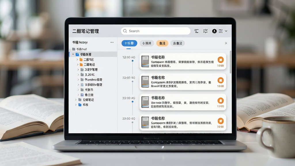 主体:笔记本电脑屏幕显示二酉笔记管理页面,左侧为书籍目录树,右侧为笔记列表。布局:笔记本居中,屏幕内容清晰,周围有散落的书页与咖啡杯。排版:笔记列表采用时间线排列,每条笔记显示书籍名称、摘录内容与备注图标。风格:简洁商务风,浅灰底色,蓝色与橙色点缀。细节:笔记卡片有圆角阴影,顶部搜索栏与筛选标签,背景虚化。画质:高清,干净无多余元素。