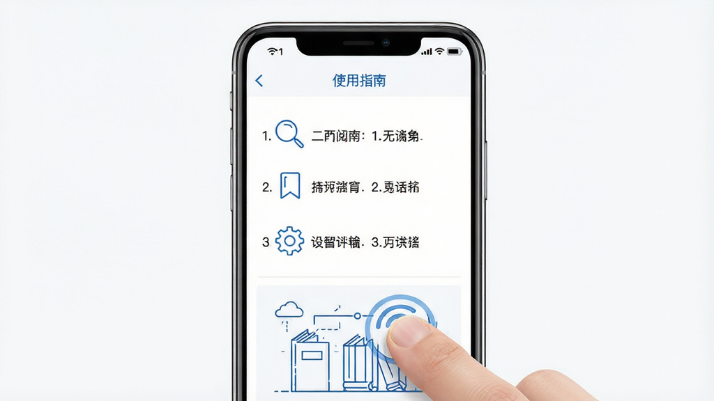 主体:手机竖屏显示二酉阅读界面,页面顶部有“使用指南”字样,下方为操作步骤列表。布局:手机居中,屏幕内容分为上下两个区域,上方为文字说明,下方为示意图。排版:步骤列表采用数字编号,每项配有小图标,如放大镜、书签、设置。风格:清爽简洁,白底蓝字,图标为线性风格。细节:屏幕中模拟手指点击操作,周围有Wi-Fi、电池等状态栏图标。画质:高清,干净无多余元素。