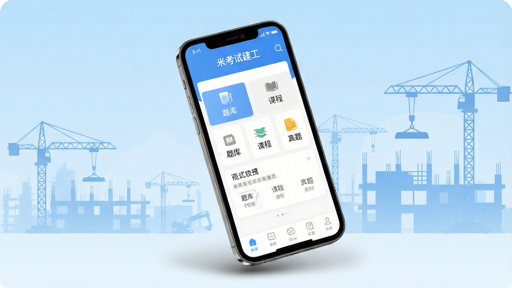 画面主体为一部智能手机屏幕,屏幕中展示“米考试建工”App的首页界面,界面清晰显示“题库”、“课程”、“真题”等核心功能模块,背景为浅蓝色渐变,带有建筑工地剪影元素。整体布局采用居中构图,手机微微倾斜,下方配有柔和阴影。风格为现代扁平化UI设计,细节丰富,画质高清干净,无多余元素。