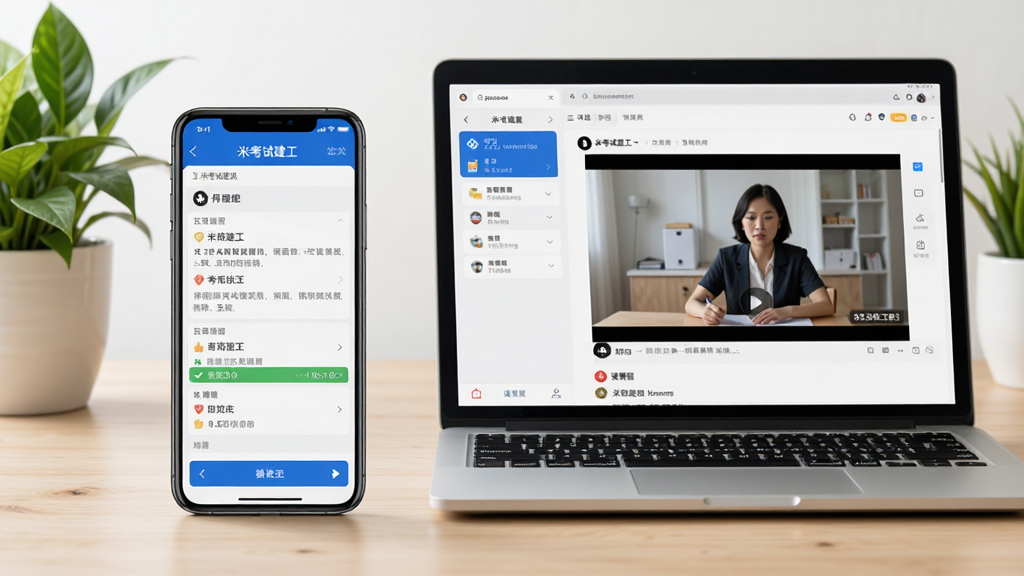 画面主体为一部智能手机与一台笔记本电脑并排放置,屏幕中均显示“米考试建工”App的学习界面,左侧手机屏幕上是做题页面,右侧电脑屏幕上是课程视频页面。背景为浅木色桌面,带有绿植点缀。风格写实,注重细节,画质高清,干净无多余元素。