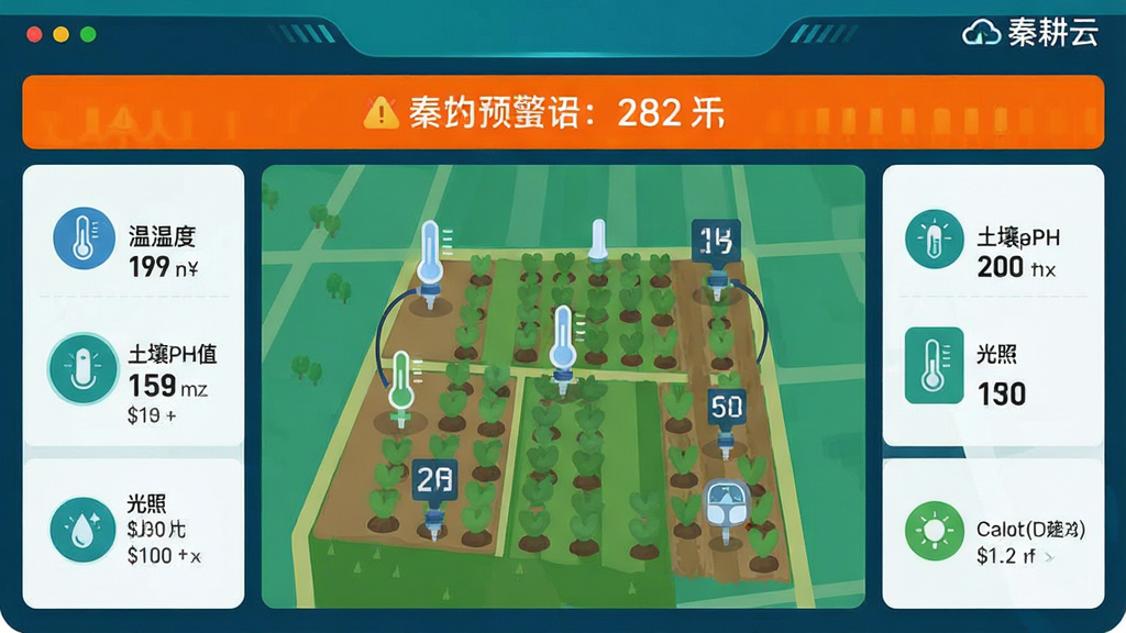 主体:秦耕云APP的智能环境监测界面,显示多个传感器图标和实时数据面板。布局:界面中央为农田地图,周围分布着温湿度、土壤PH值、光照等圆形数据卡片,顶部为预警横幅。排版:数据卡片整齐排列,地图占据主要区域,预警横幅用鲜艳的橙色突出显示。风格:现代扁平化设计,蓝绿色调为主,科技感强。细节:每个传感器图标旁标注具体数值,地图上标有传感器位置,界面右上角有“秦耕云”字样。画质:高清晰度,色彩鲜明,无杂乱元素。