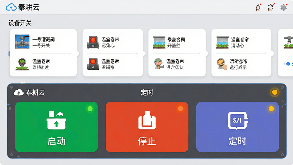 主体:秦耕云APP远程控制功能界面,展示设备开关按钮和运行状态。布局:上方为设备列表,下方为控制面板,包含启动、停止、定时三个大按钮。排版:设备列表以卡片形式横向滑动,控制面板采用大图标加文字标签,状态指示灯清晰可见。风格:简洁实用,工业风与科技感结合,背景为淡灰色。细节:设备名称如“一号灌溉阀”和“温室卷帘”清晰标注,按钮颜色区分明显,界面带有“秦耕云”品牌标识。画质:干净明亮,细节真实,无多余装饰。