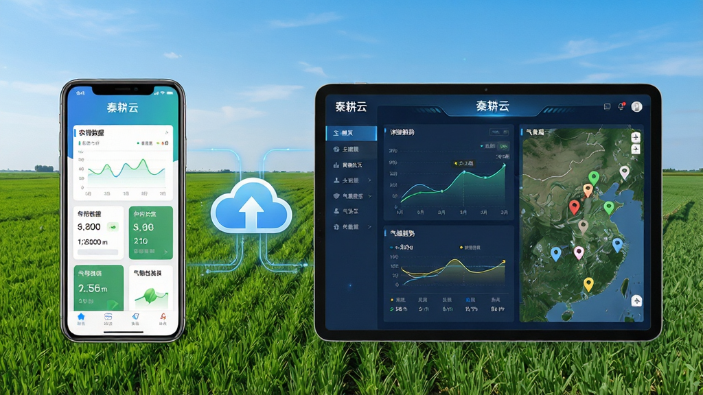 主体:秦耕云软件在智能手机和平板上的界面展示,屏幕内显示农田数据图表、作物生长状态和气象信息。布局:左侧为手机竖屏界面,右侧为平板横屏界面,中间用云朵图标连接,背景为广阔的绿色田野与蓝天。排版:手机界面展示主菜单和实时数据卡片,平板界面展示详细的趋势曲线和地图标记。风格:现代科技感与自然农业结合,色彩明亮清新。细节:界面文字清晰显示“秦耕云”字样,数据图表简洁易懂,画面干净整洁。画质:高清渲染,细节丰富,无多余元素。