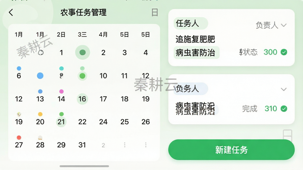 主体:秦耕云APP的农事任务管理界面,显示任务列表和日历视图。布局:左侧为当月日历,右侧为任务详情卡片,底部为“新建任务”按钮。排版:日历上用彩色圆点标记不同任务类型,任务卡片显示负责人和完成状态,按钮使用醒目的绿色。风格:清新自然,浅绿色调,界面友好。细节:任务名称如“追施复合肥”和“病虫害防治”清晰可见,日历日期可点击,界面有“秦耕云”水印。画质:柔和清晰,元素布局合理,无多余元素。