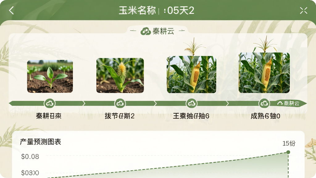 主体:秦耕云APP的作物生长档案页面,展示玉米作物的生长周期图。布局:页面顶部为作物名称和生长天数,中部为阶段性的图片时间轴,底部为产量预测图表。排版:时间轴从左到右依次展示出苗、拔节、抽雄、成熟四个阶段,每个阶段配有小图和文字说明。风格:简洁明了,绿色和米色搭配,田园风格。细节:时间轴上有“秦耕云”标识,产量预测用虚线标注,图片清晰真实。画质:高清,柔和自然,无多余元素。