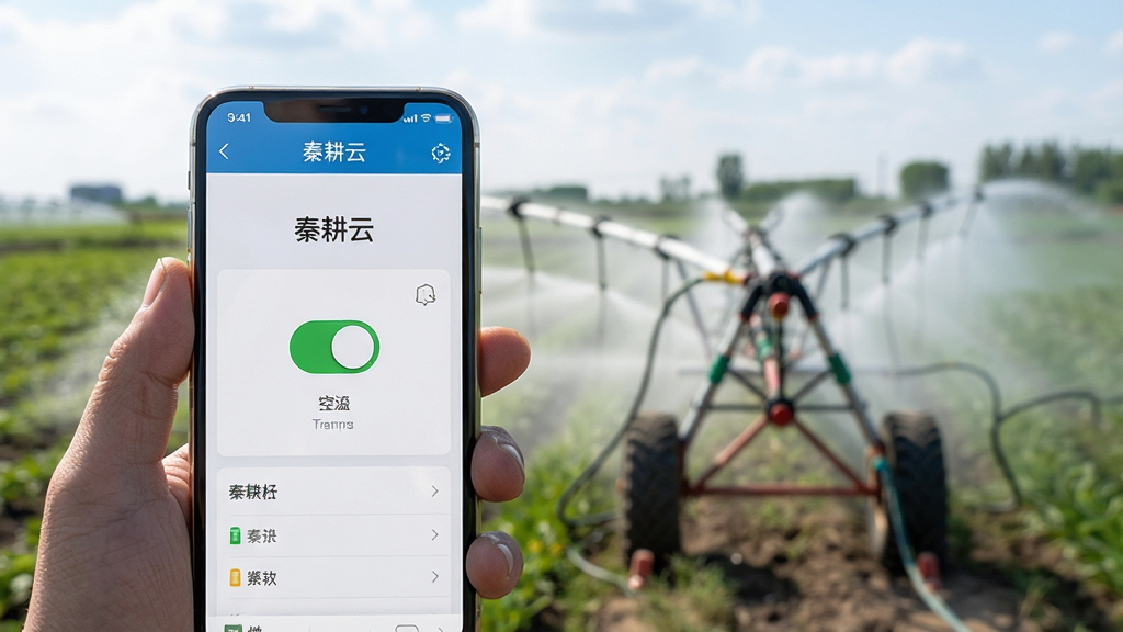 主体:用户手持手机使用秦耕云APP,屏幕显示设备控制界面,背景为田间灌溉场景。布局:前景为手机特写,中景为正在工作的喷灌机,远景为农田和天空。排版:手机屏幕正对镜头,界面内容清晰可见,背景虚化突出主体。风格:写实摄影风格,自然光照明,色彩真实。细节:手机屏幕上显示“秦耕云”界面,有绿色开关按钮,喷灌机水雾弥漫,画面生动。画质:超高清,细节丰富,无多余元素。
